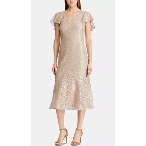 Lauren Ralph Lauren Gold Silver Knee Length Dress Vneck Flutter Sleeve Cocktail